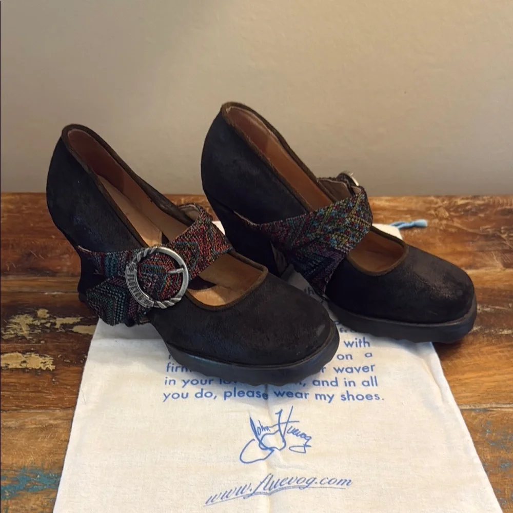 John Fluevog Black Mary Jane Heels with Multicolor Textile Strap